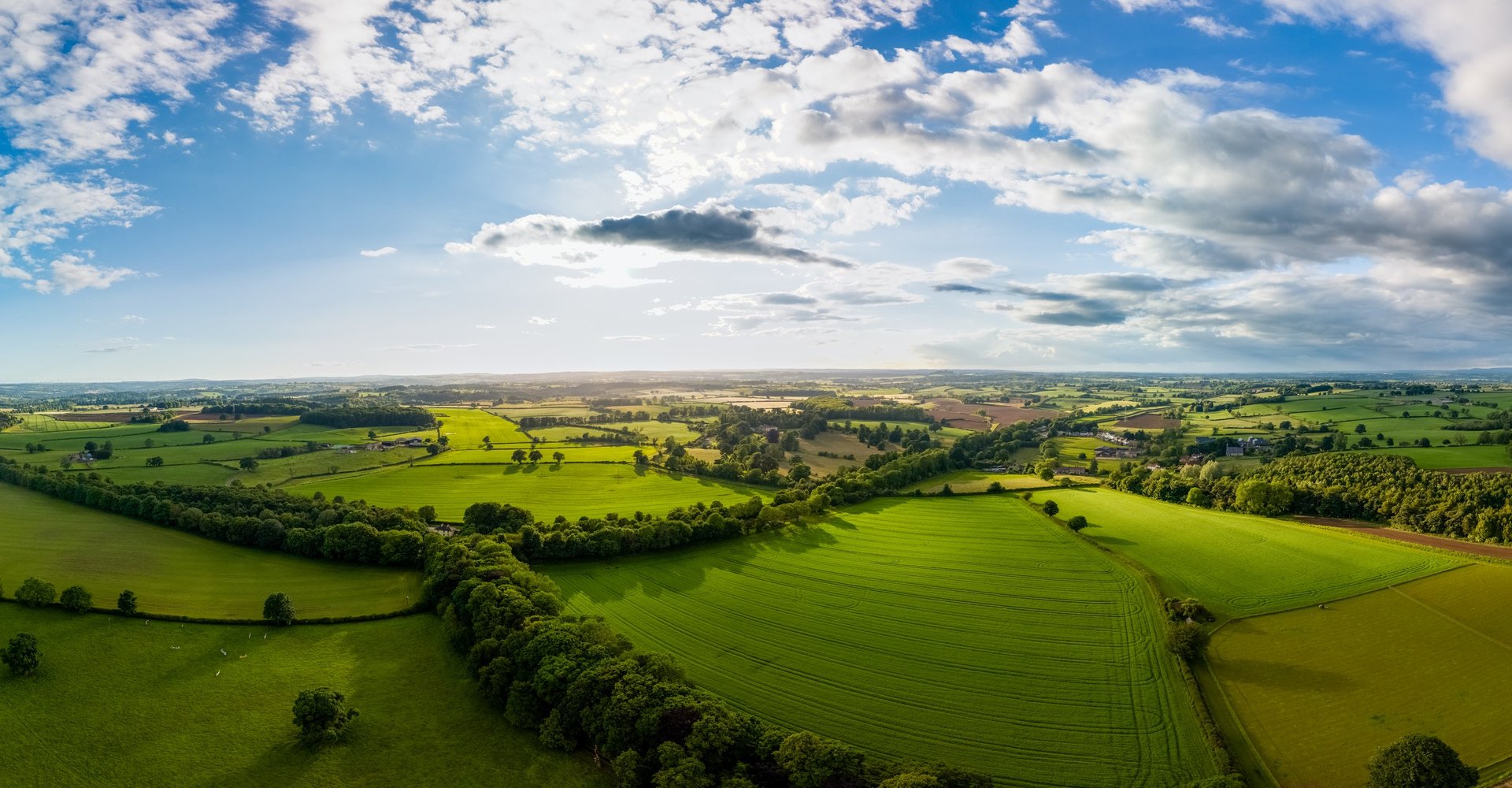Beautiful Yorkshire scenery with arable and grazing land seen from a drone